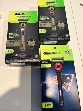 THREE Gillette Labs Men's Razor 2 Gold Edition & 1 Patriots